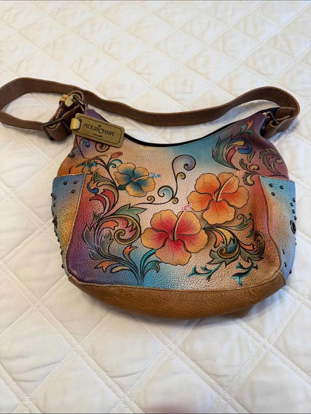 Anuschka Painted Floral Shoulder Bag in Orange, Teal and Purple